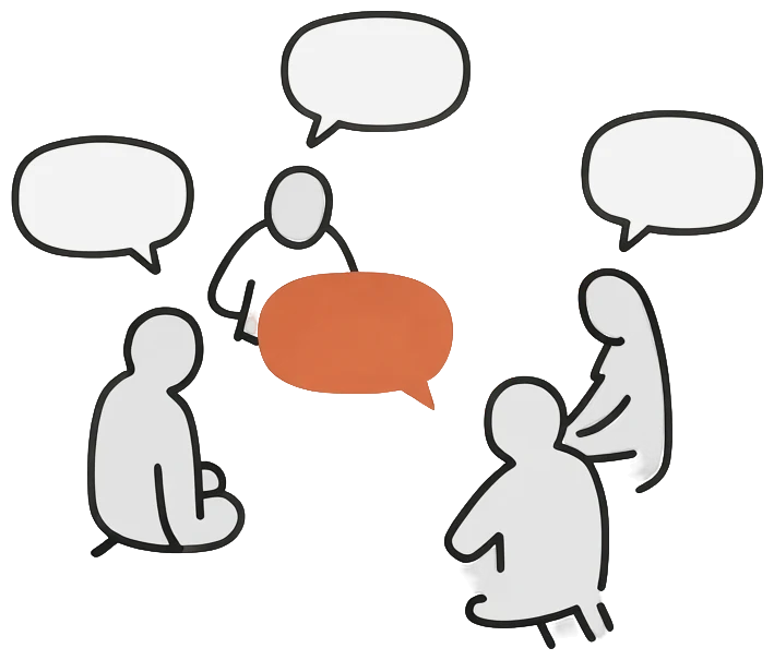 Hand-drawn figures in conversation, speech bubbles above them, one filled in clay.